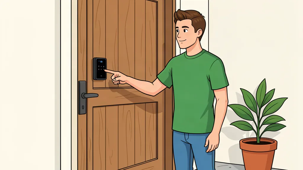 Cartoon of a homeowner installing a smart lock and unlocking it from his phone